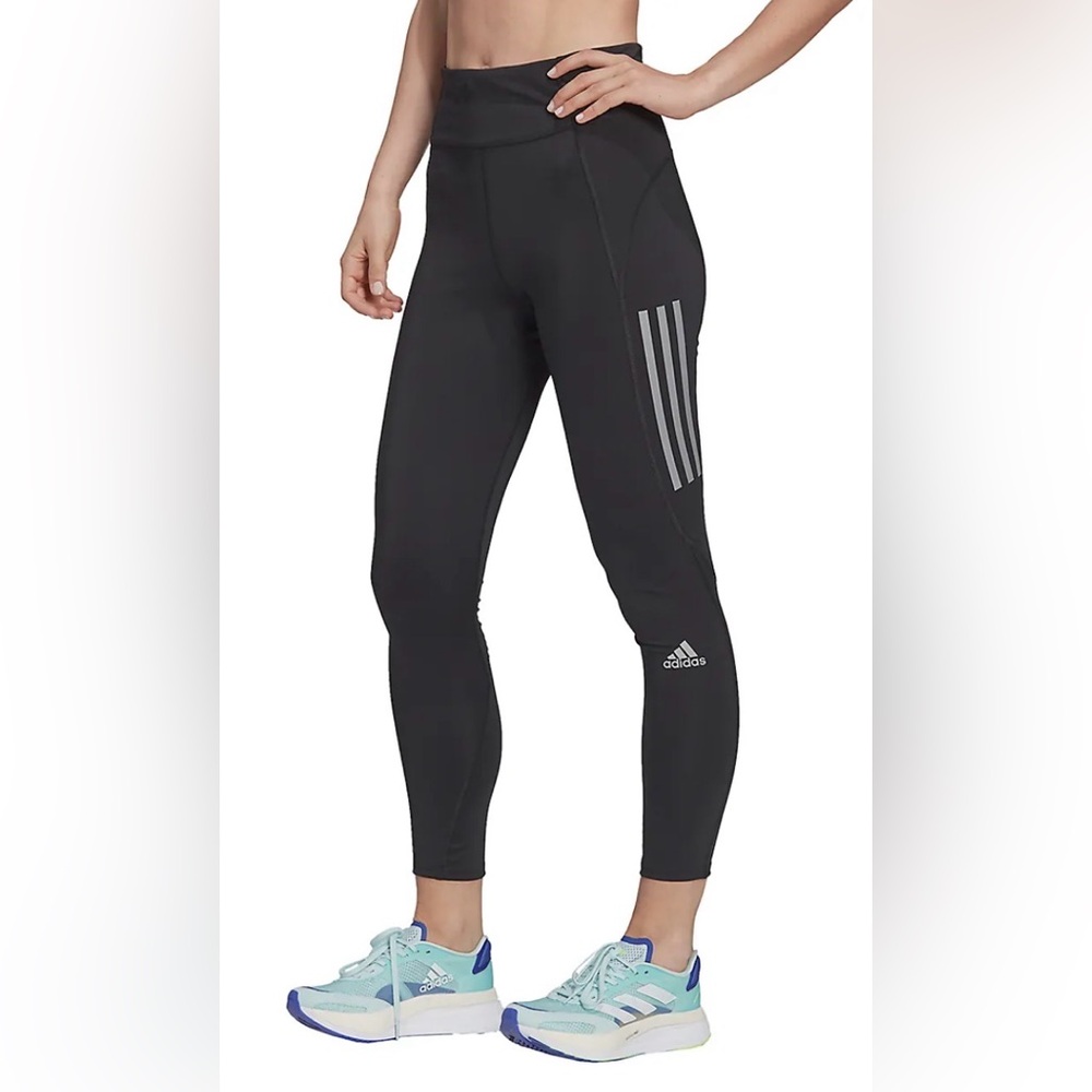 Adidas Own the Run Black Leggings with Silver Stripes